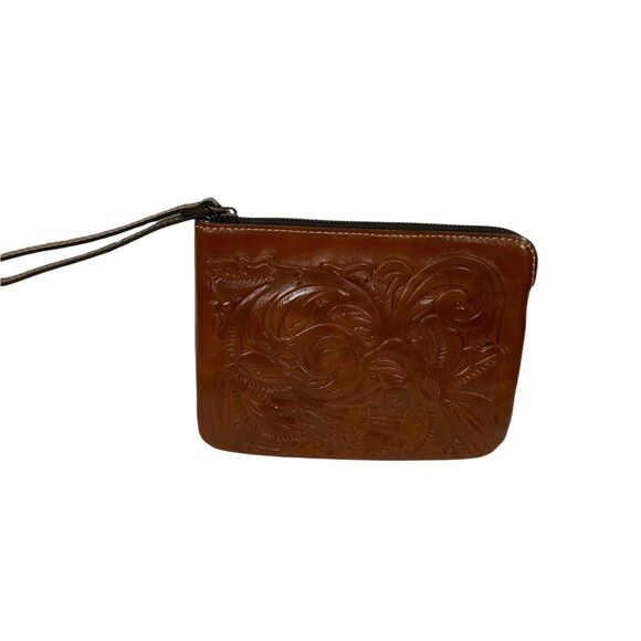 Patricia Nash Wristlet Wallet Womens Brown Leather Embossed Floral Vintage - Picture 1 of 16